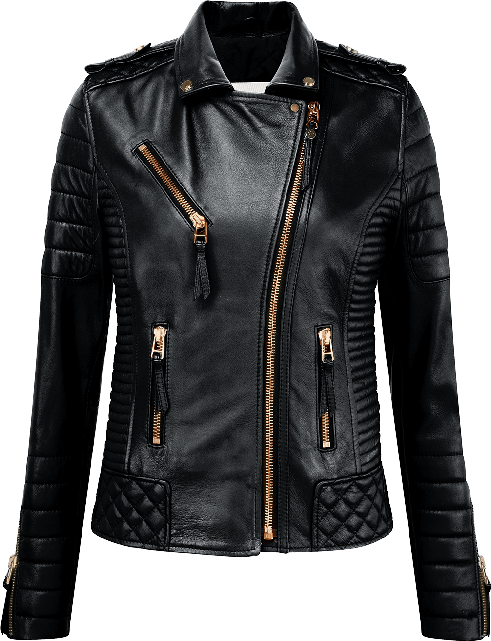Black Womens Leather Moto Jacket With Gold Zip Accents