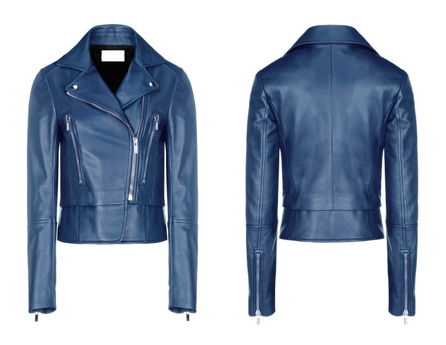 Blue Leather Jacket Front And Back Views Apparel Product Display