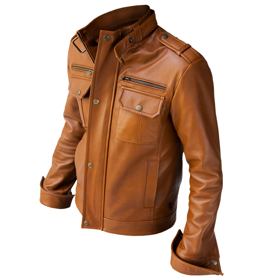 Brown Leather Bomber Jacket With Chest Pocket And Zip Front Product Photo