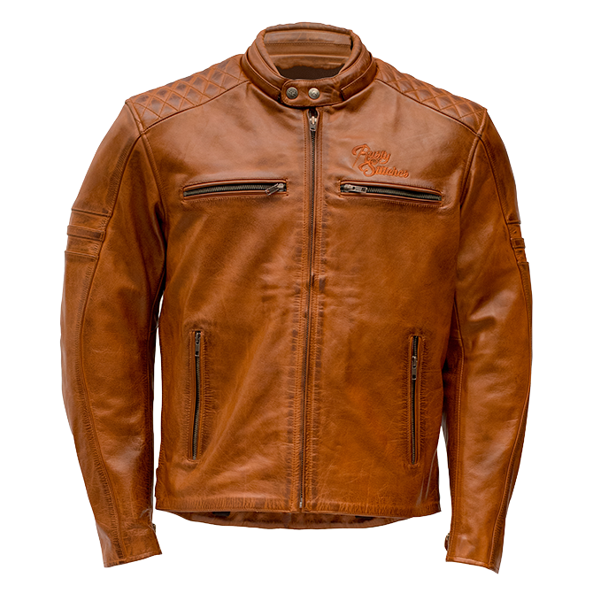 Brown Leather Bomber Jacket With Zip Pockets Front View Product Photo