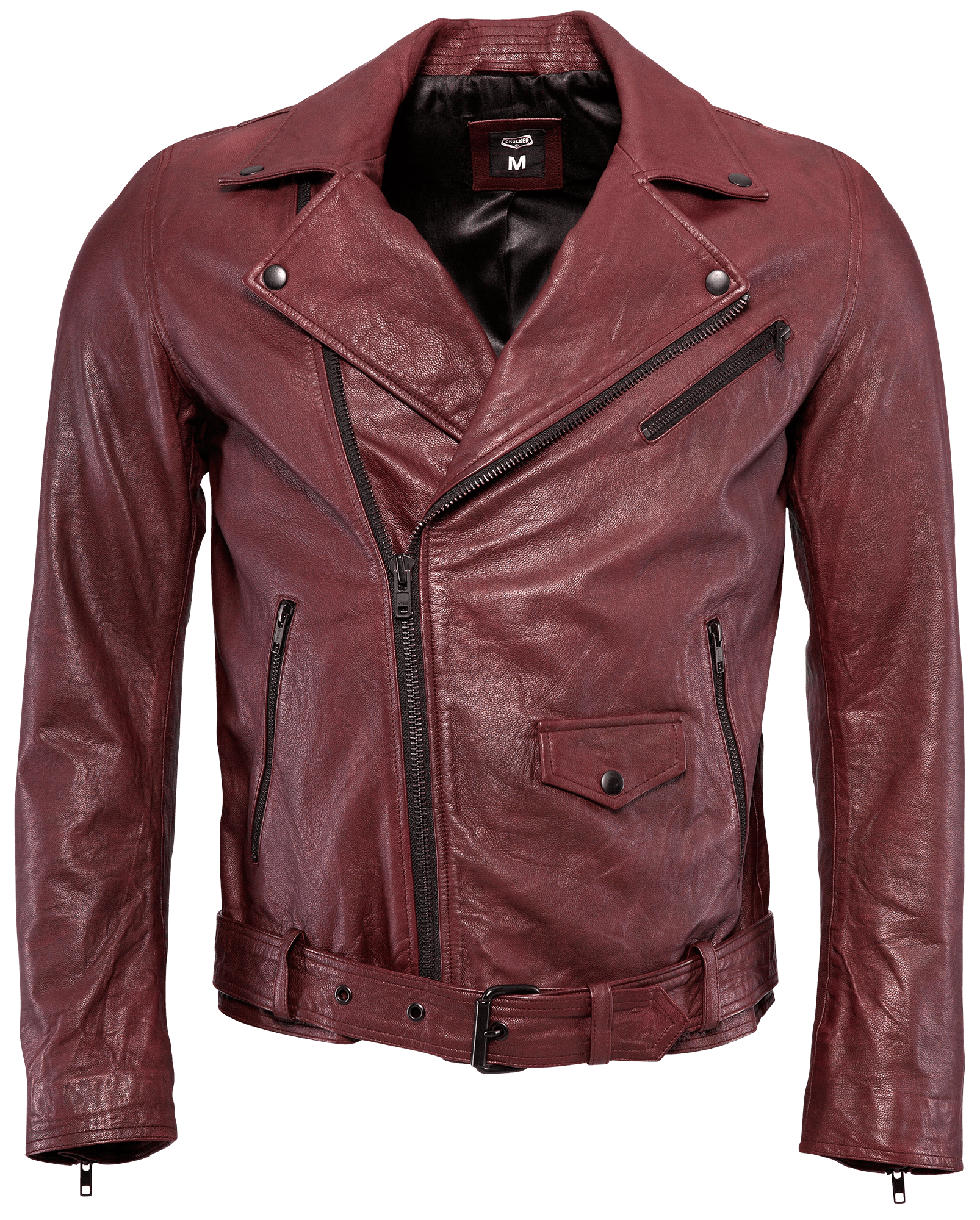 Burgundy Red Leather Motorcycle Jacket With Classic Lapel Design
