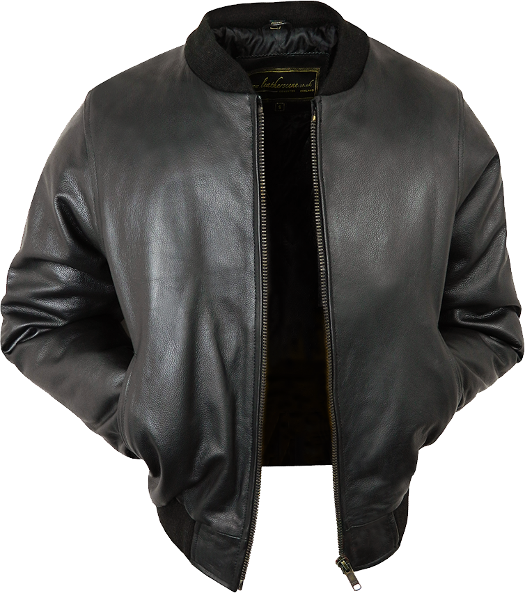 Classic Black Leather Bomber Jacket With Ribbed Collar Product Photo