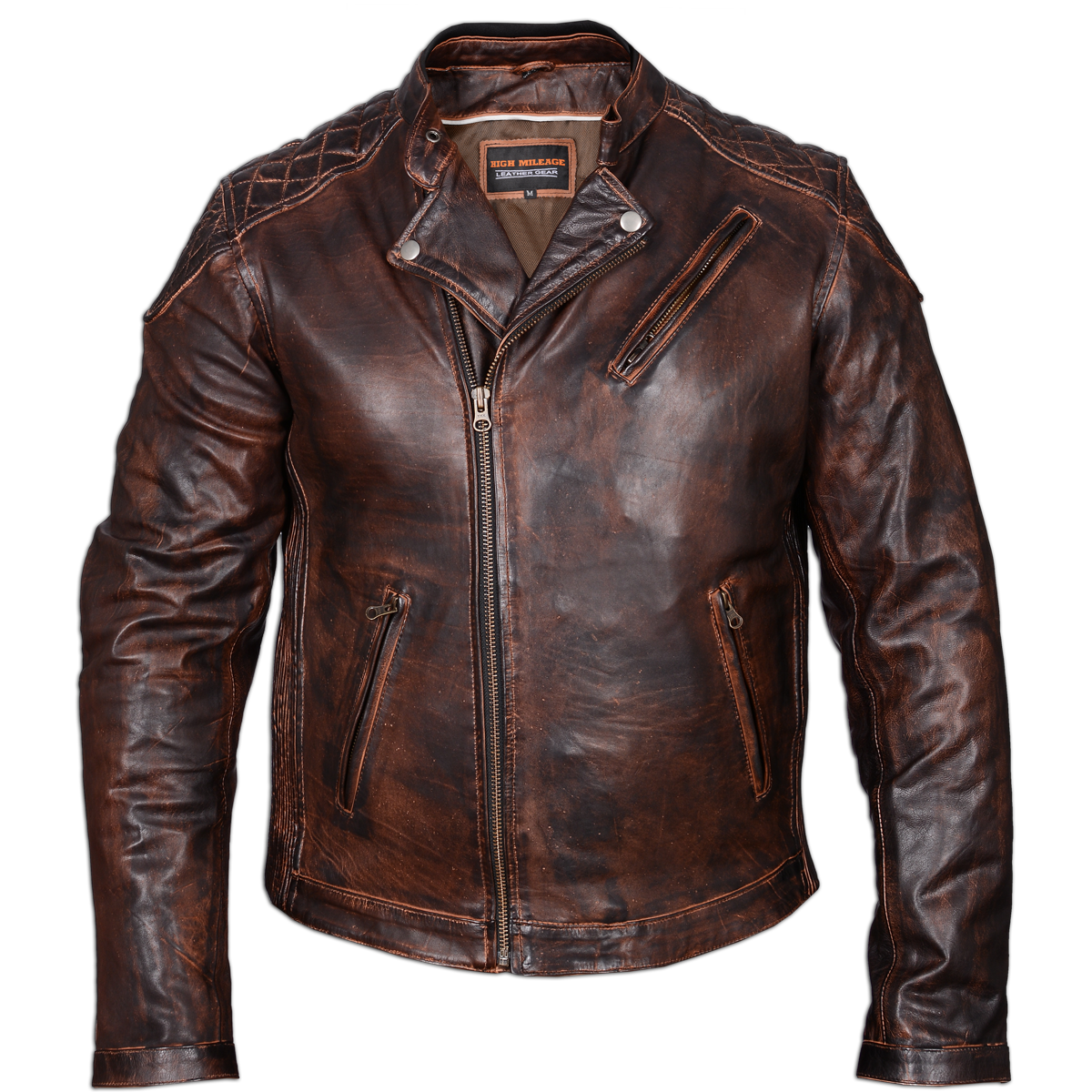 Dark Brown Leather Jacket With Stand Collar And Zip Front Product Image