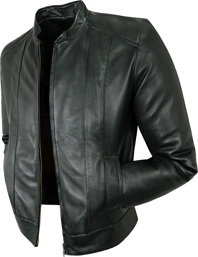 Dark Green Black Leather Jacket With Folded Collar Product Photo