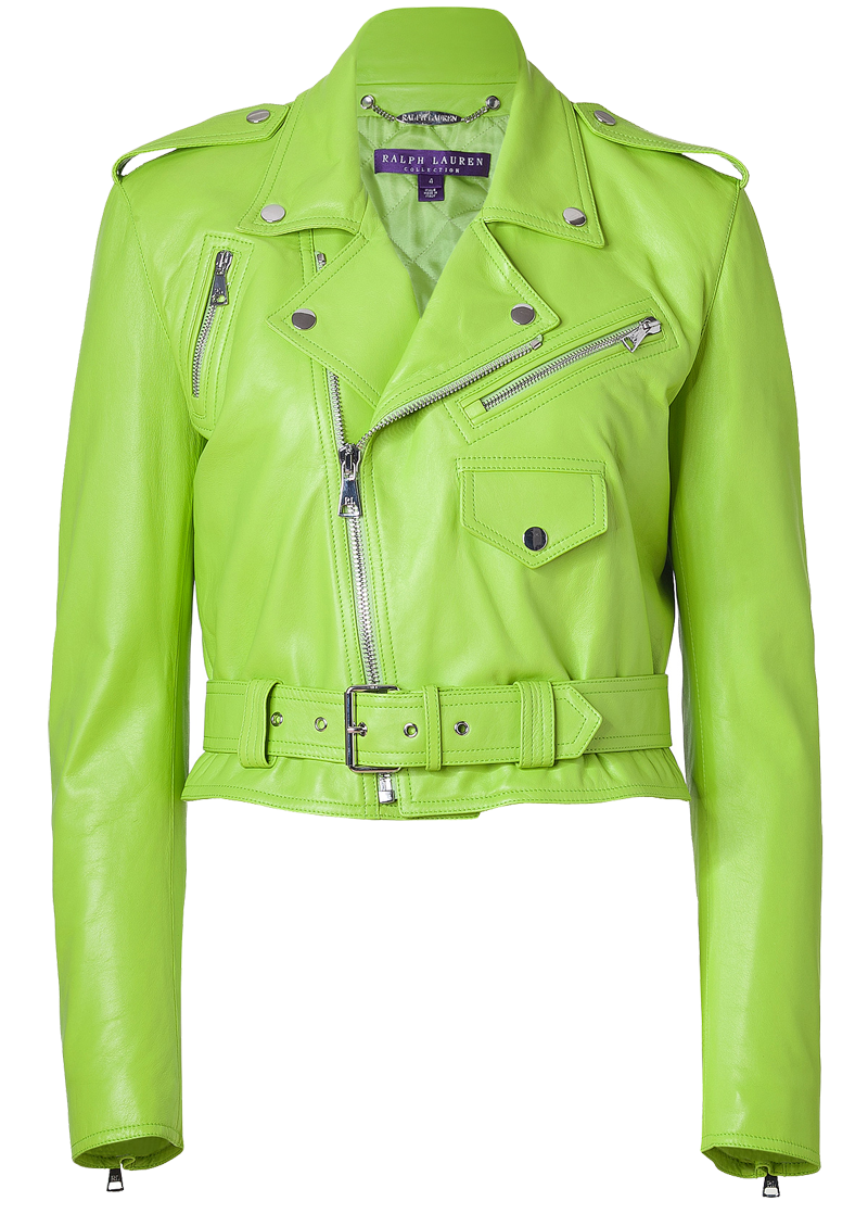 Lime Green Cropped Leather Biker Jacket With Silver Zippers PNG