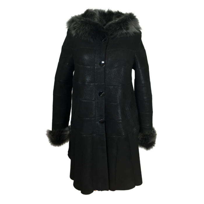 Long Black Leather Coat With Plush Fur Collar Winter Fashion PNG