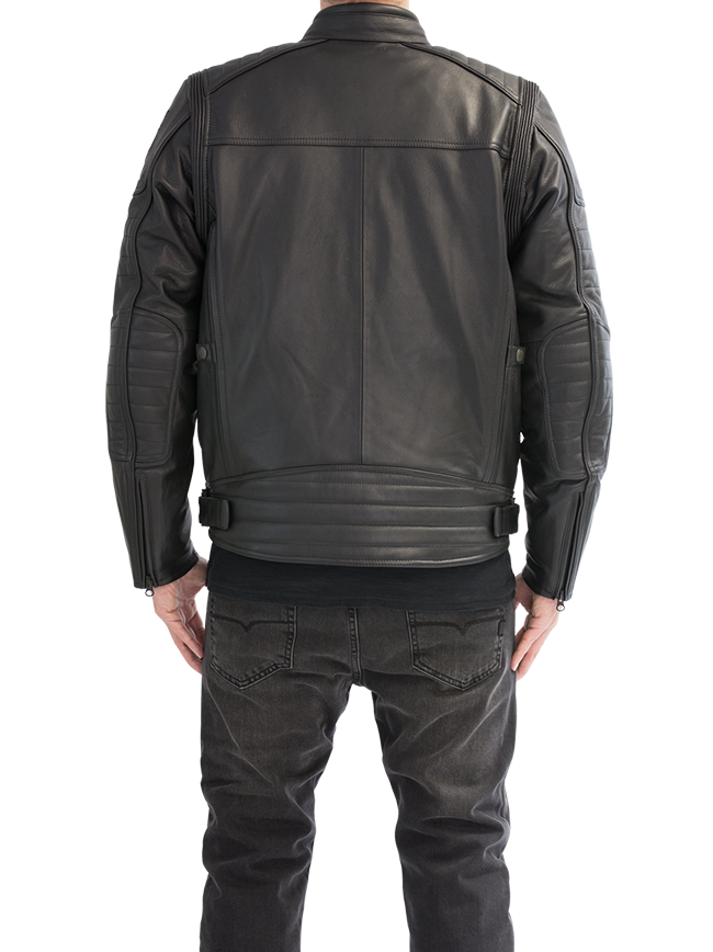 Man Modeling Black Leather Jacket Rear View Casual Outfit Image