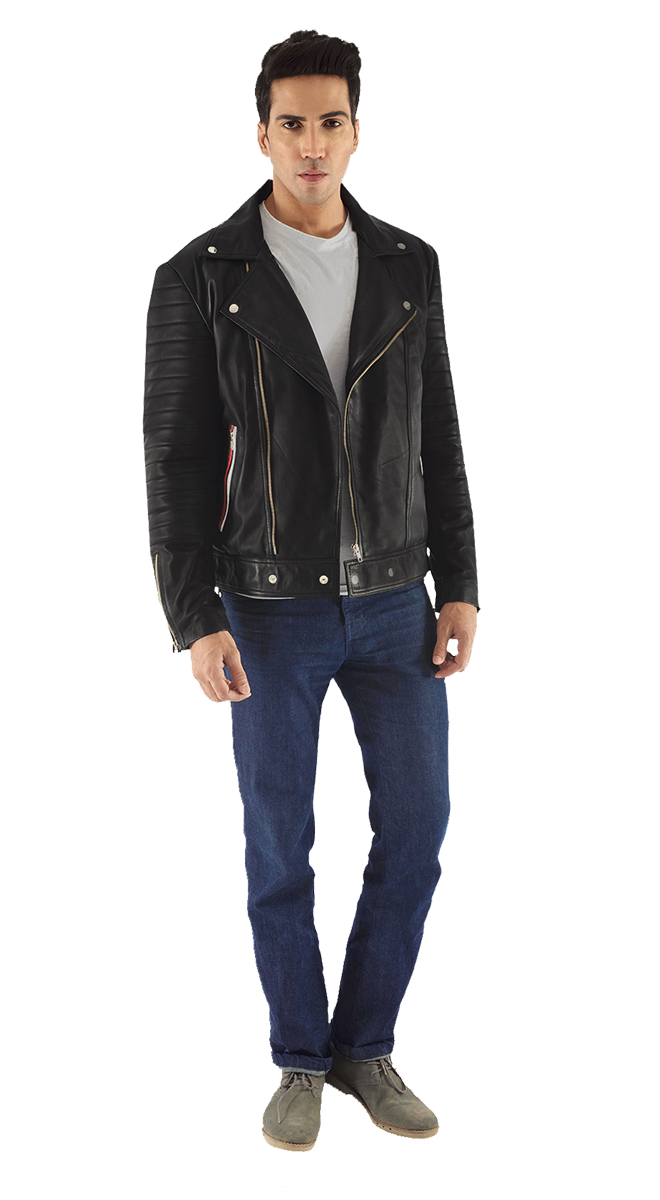 Man Modeling Black Leather Jacket With Dark Shirt Fashion Image