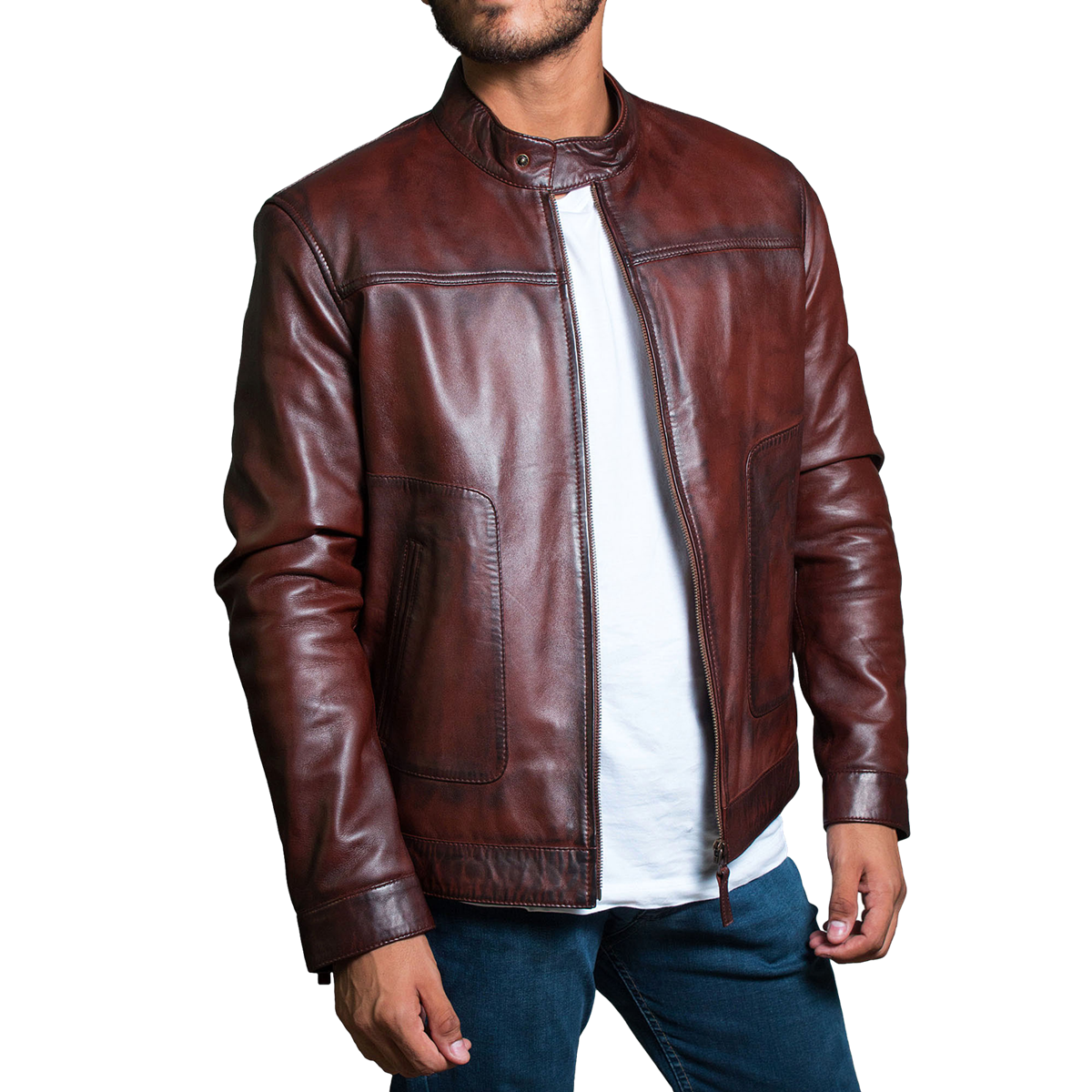 Man Wearing Burgundy Leather Bomber Jacket Over White Shirt Fashion Photo