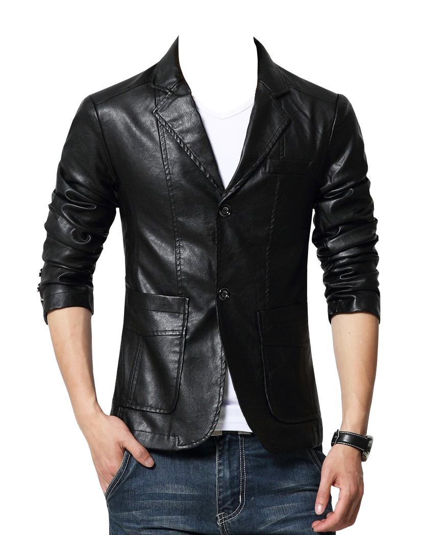 Model Wearing Open Black Leather Jacket Over White Shirt PNG Image