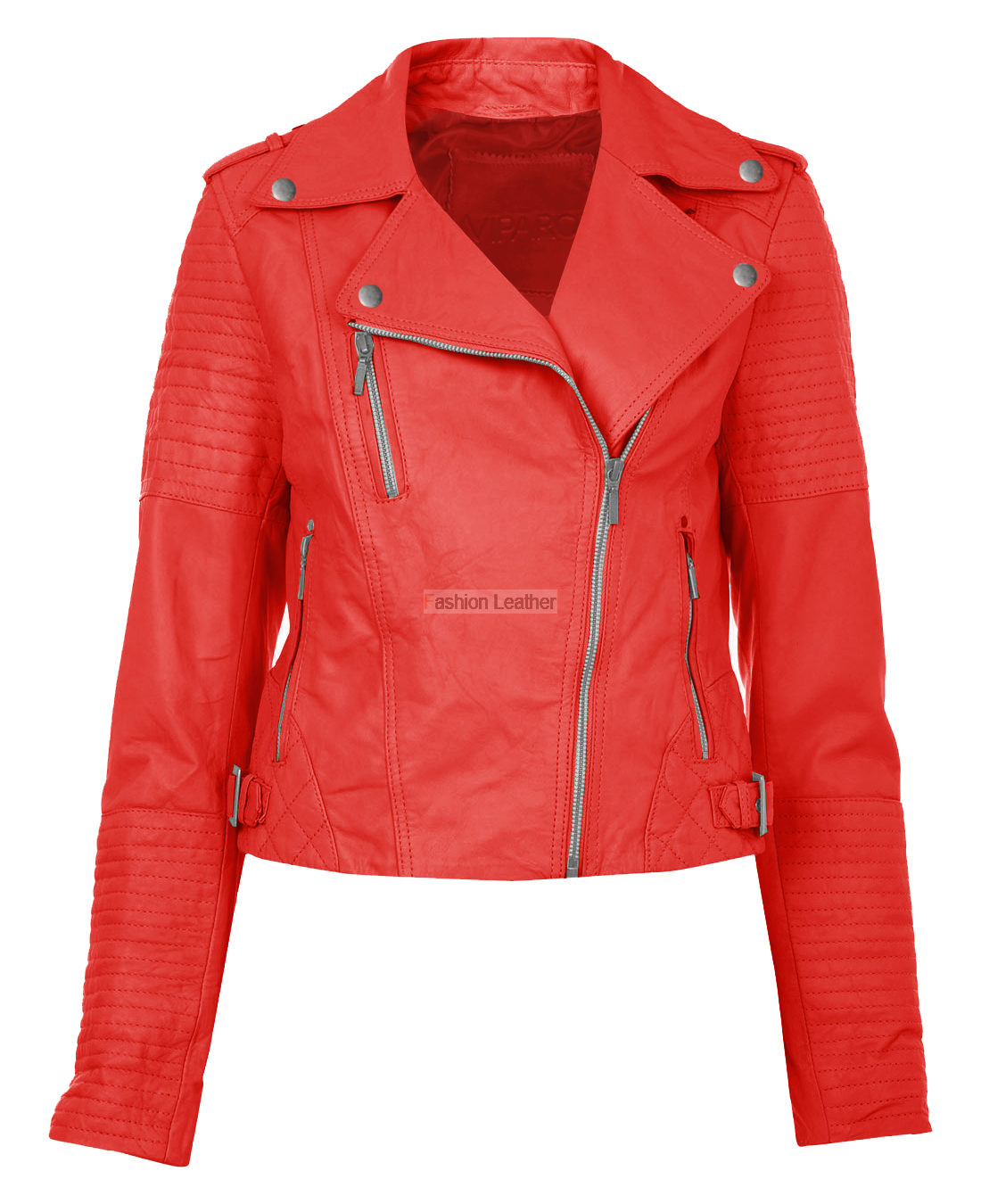 Red Cropped Womens Leather Biker Jacket With Zip Pockets Product Photo