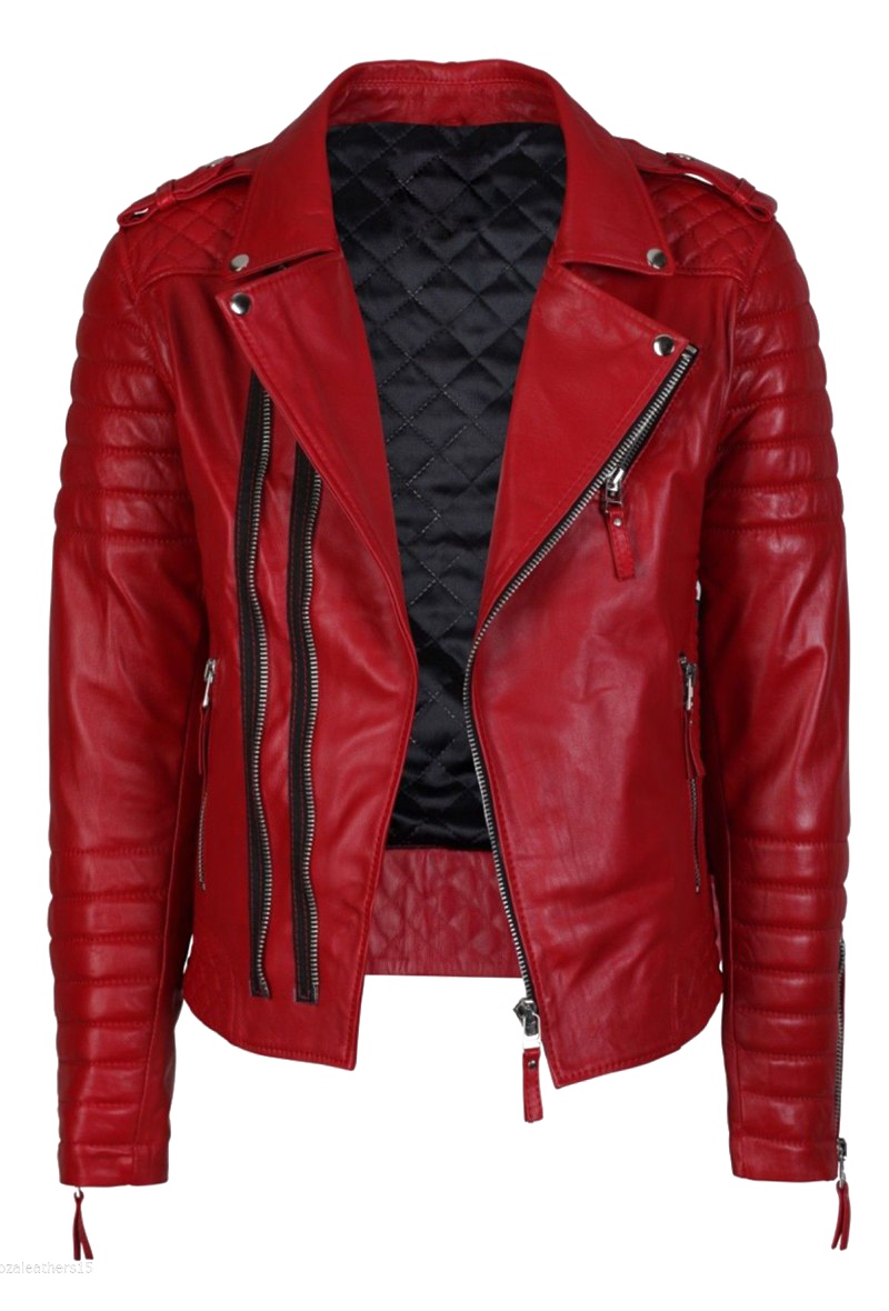 Red Quilted Leather Biker Jacket With Silver Hardware Front View