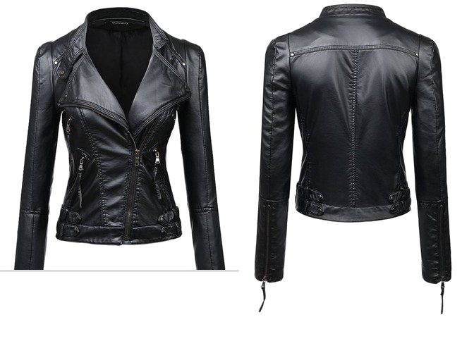 Womens Black Leather Jacket Front And Back Studio Product Image