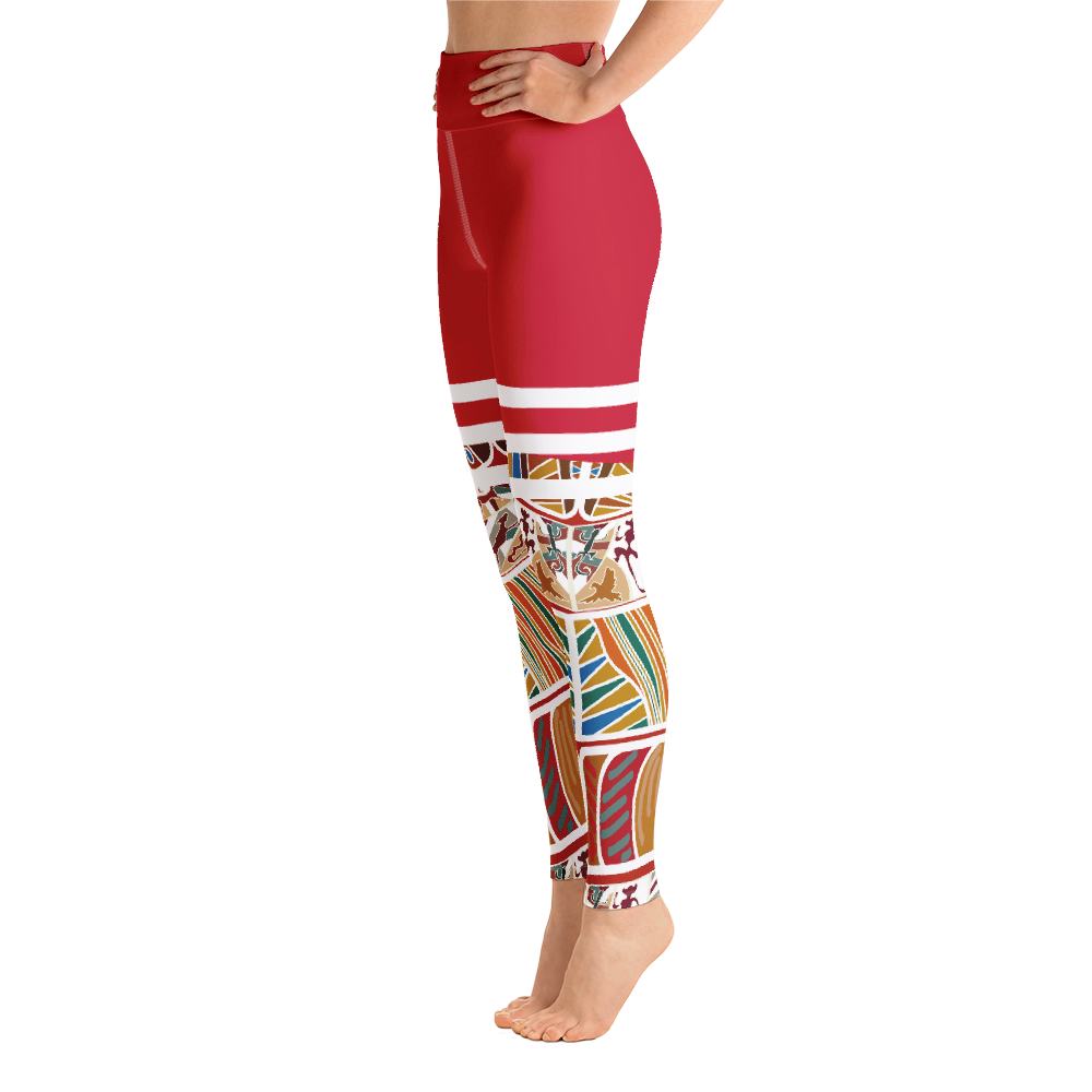 Red Athletic Leggings With White Stripes And Colorful Graphic Print