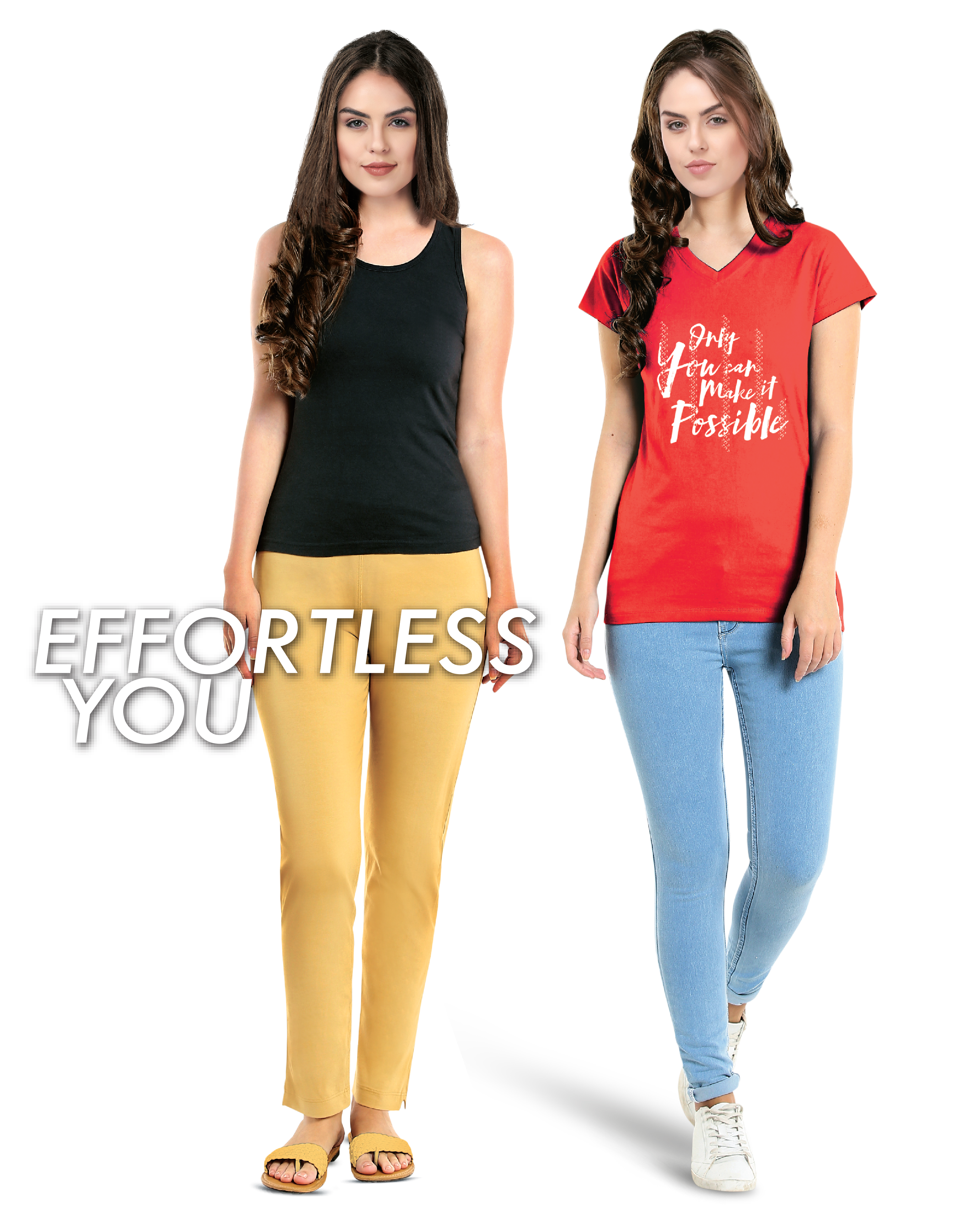 Two Women Modeling Colorful Leggings With Effortless You Text