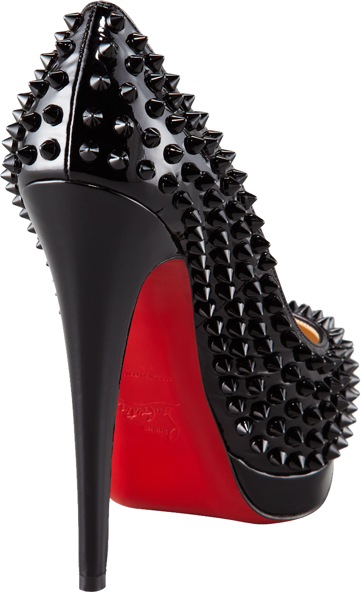 Black Studded High Heel With Spiked Toe And Signature Red Sole