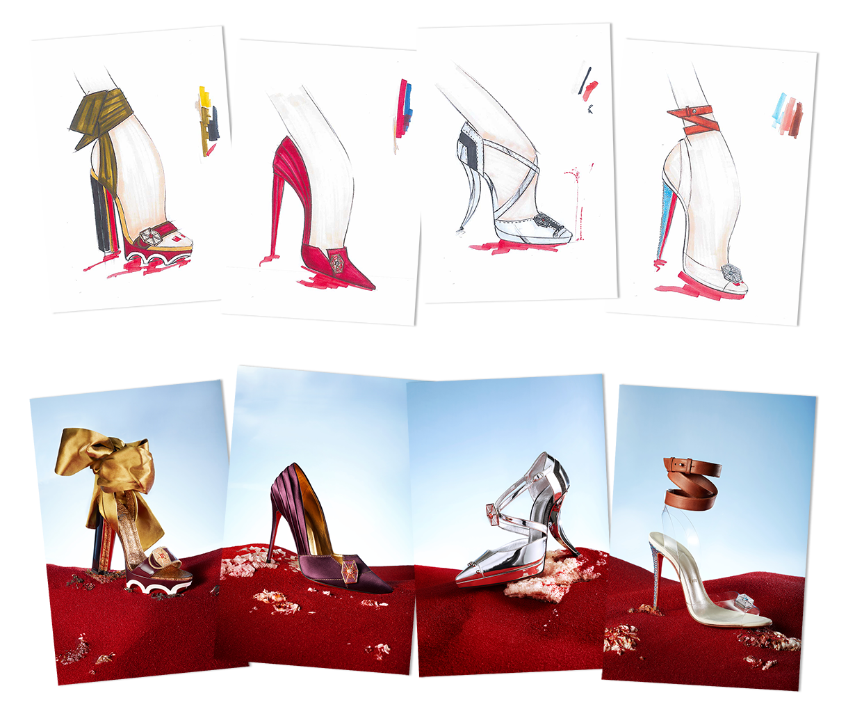 Luxury Fashion Shoe Sketches And Red Handbag Collection Collage