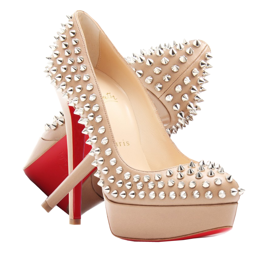 Nude Peep Toe Platform Heels With Silver Cone Studs And Red Soles