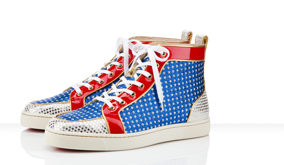 Red And Blue High Top Sneakers With White Laces Product Photo