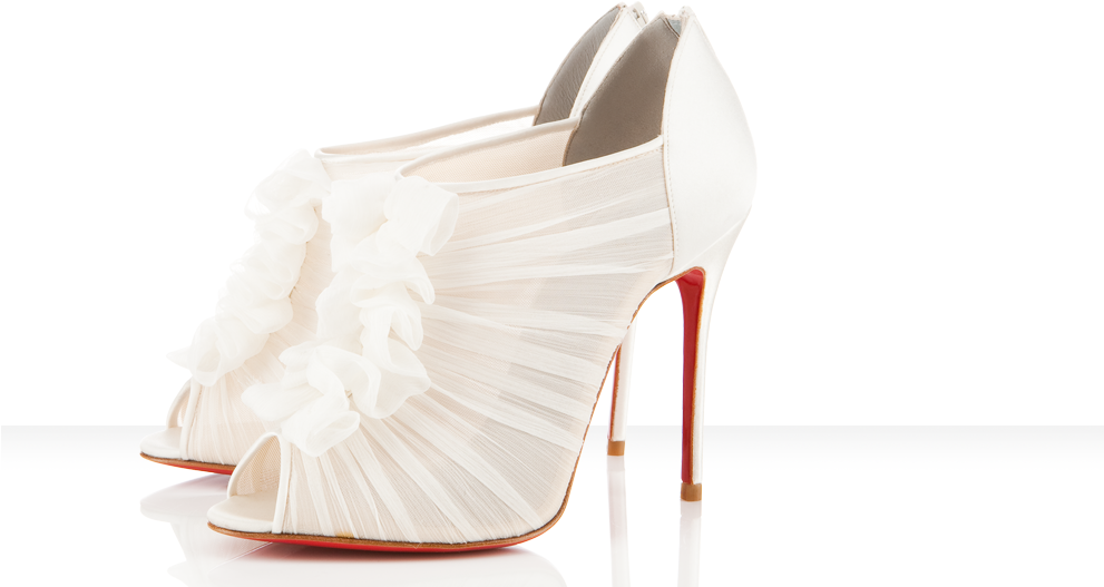White Bridal Ruffle Sandal With Slim Red Sole High Heel