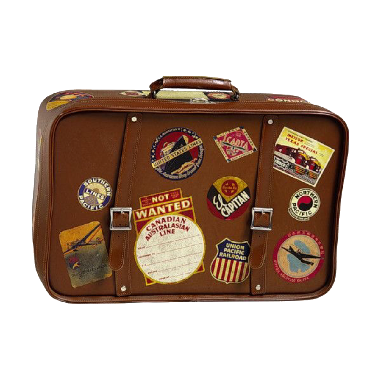 Brown Vintage Suitcase Decorated With Retro Travel Destination Stickers