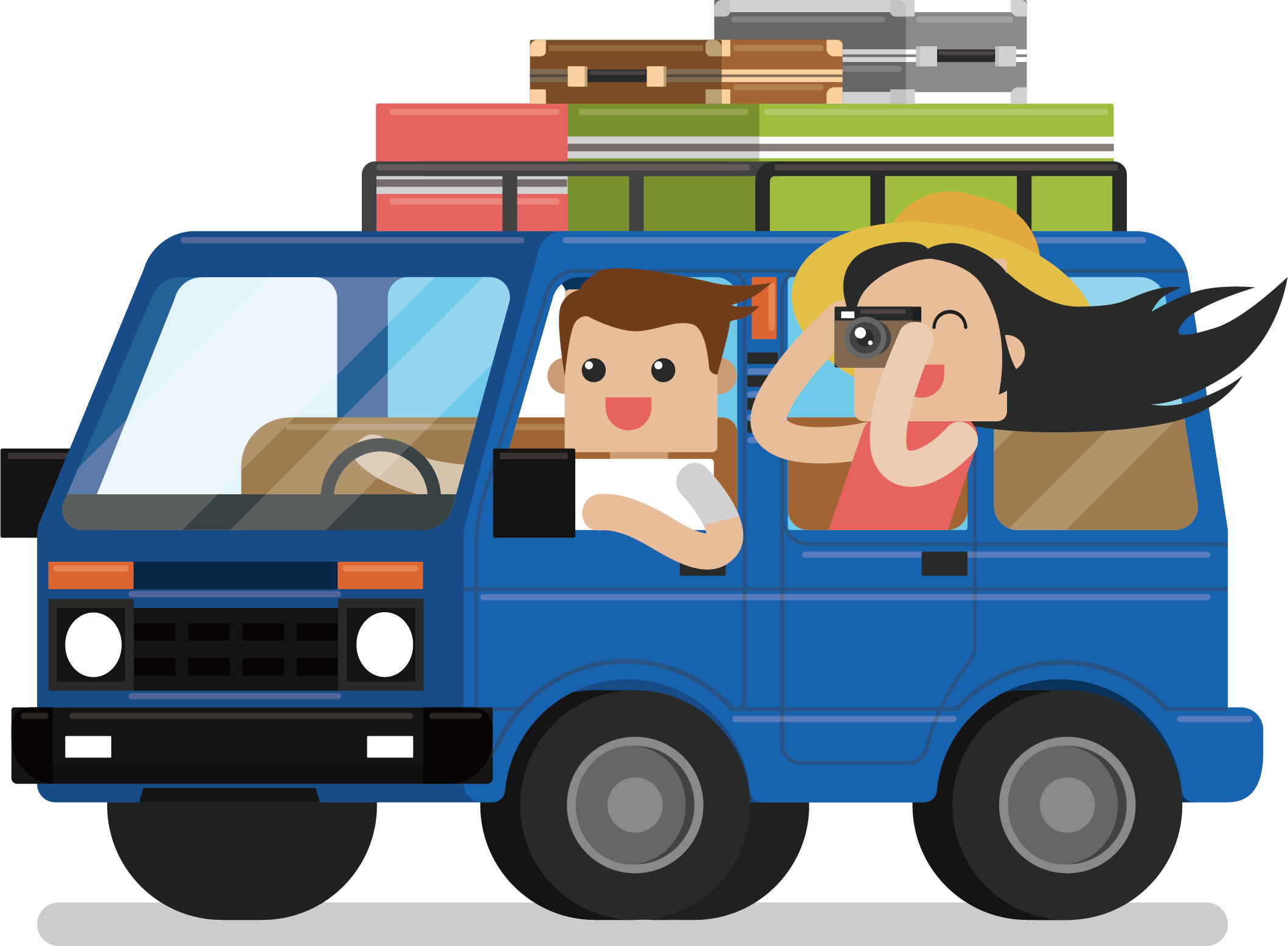 Family Road Trip Illustration With Luggage On Top Of Travel Van