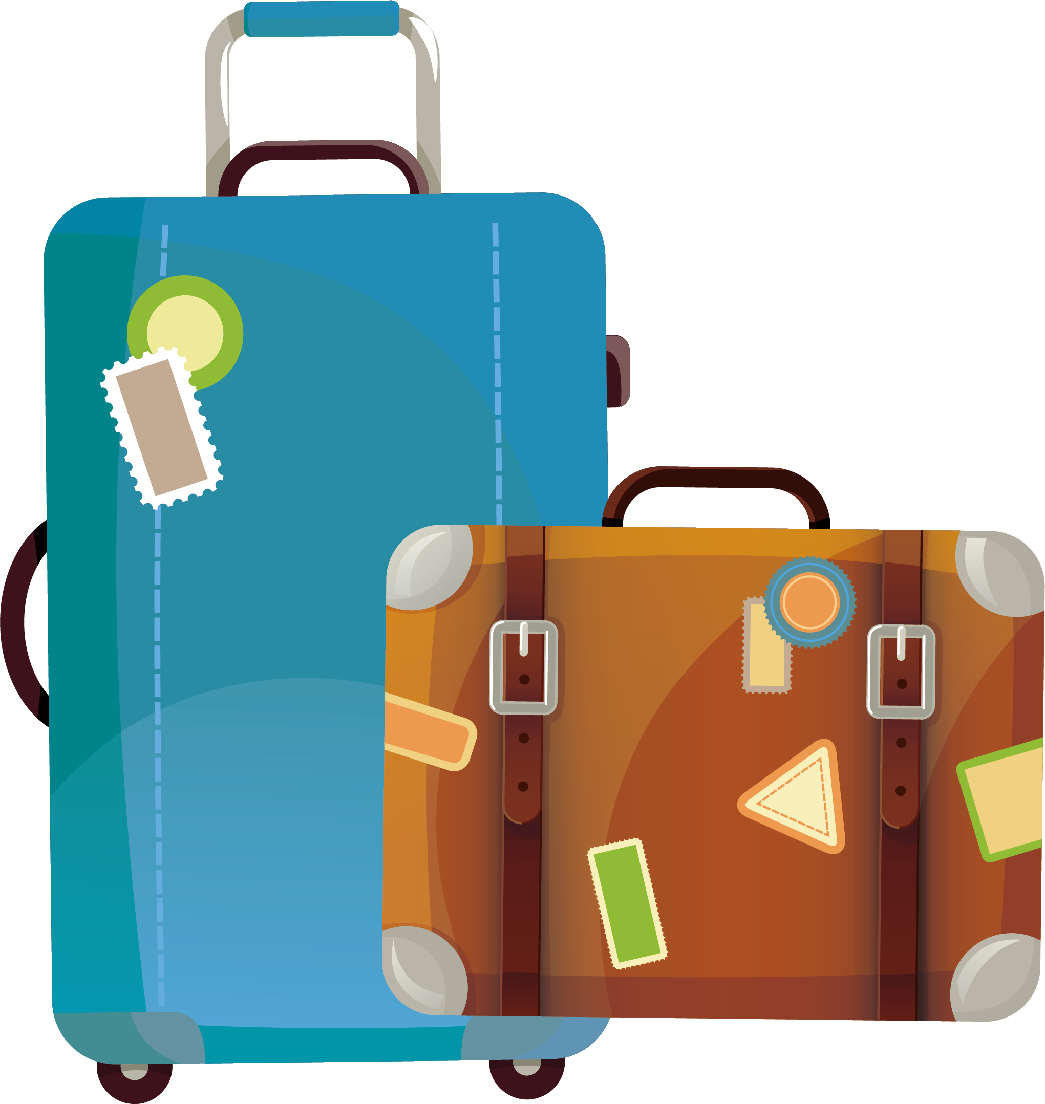 Illustrated Blue And Brown Travel Suitcases With Colorful Luggage Tags