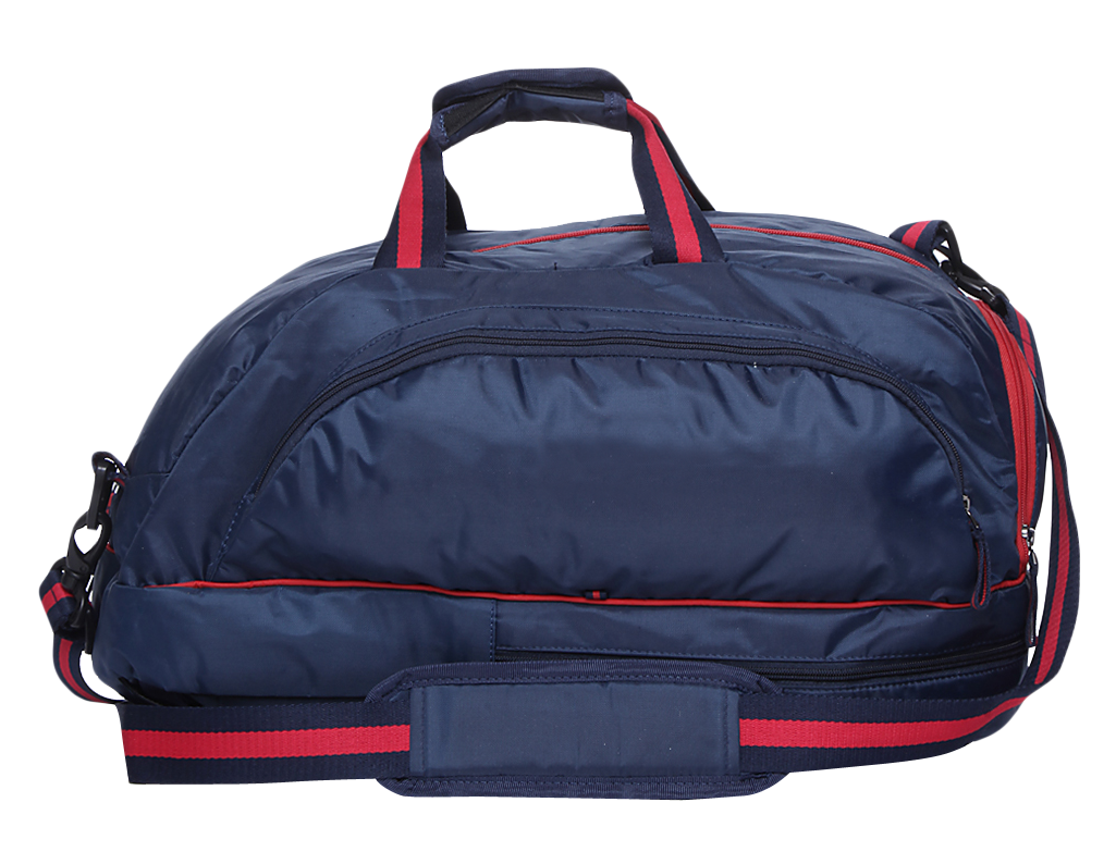 Navy Blue Sports Duffel Bag With Red Trim And Shoulder Strap