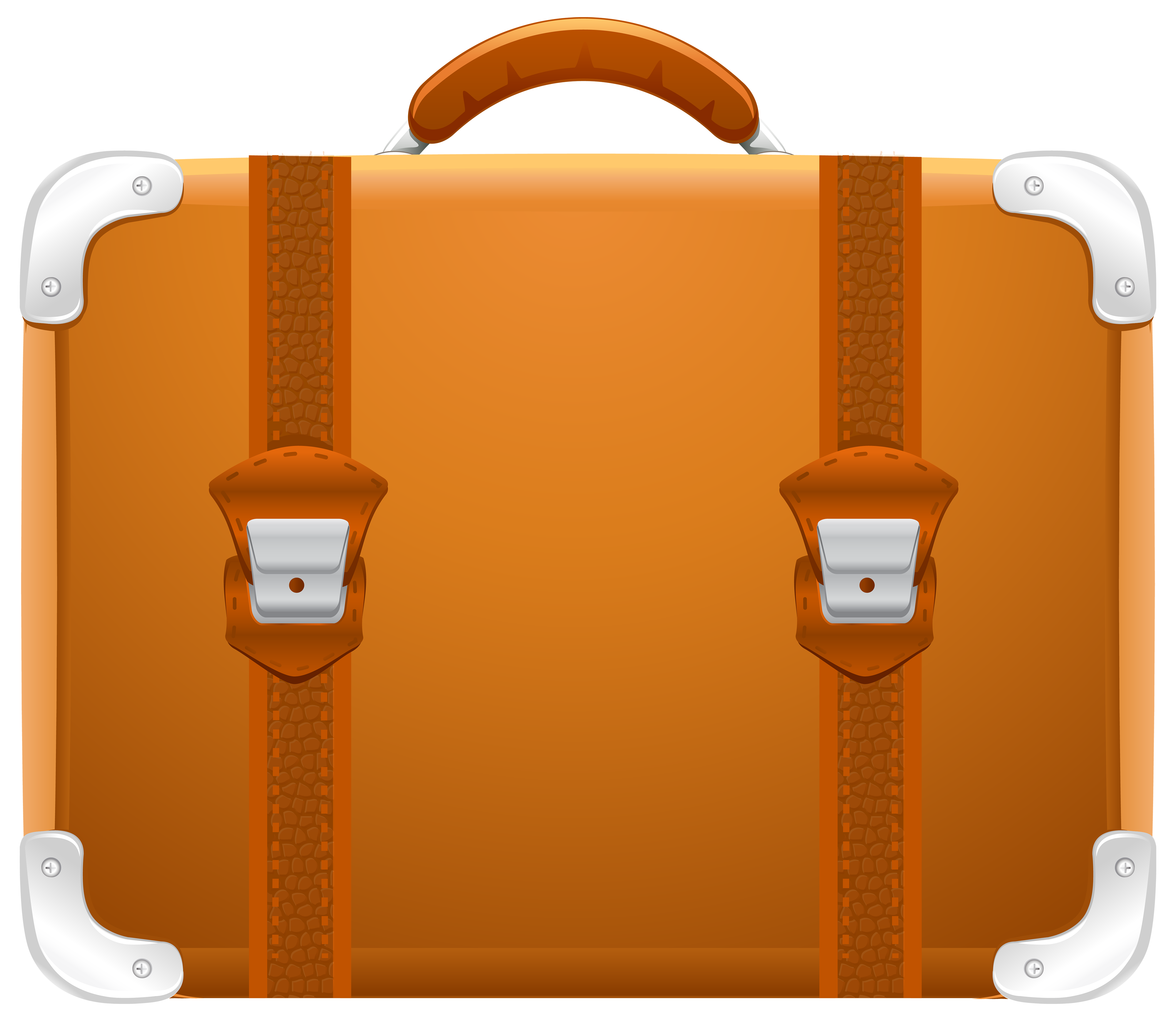 Orange Suitcase Rear View With Leather Straps And Metal Latches