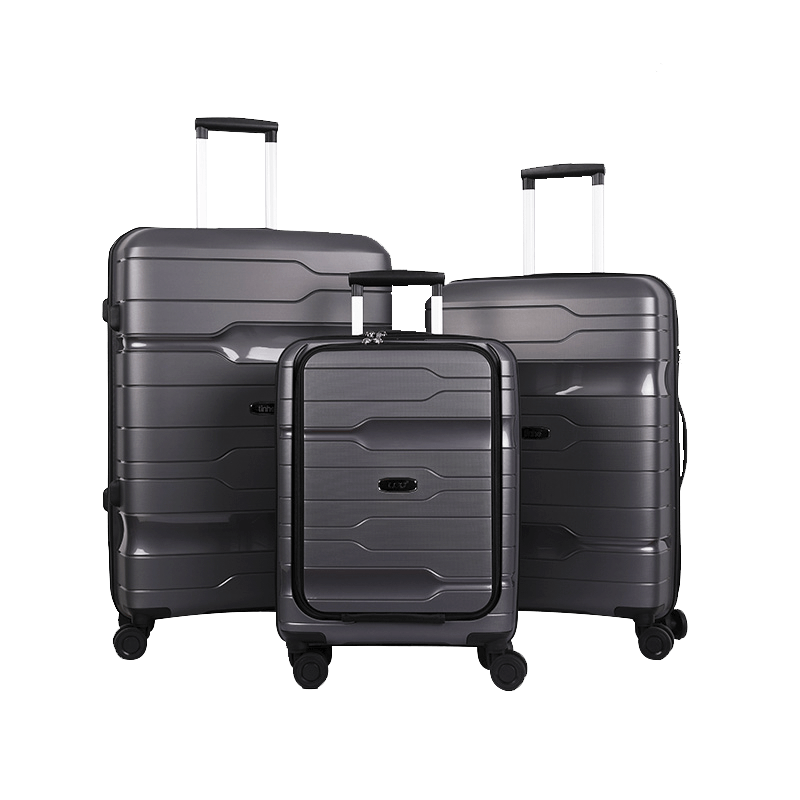 Three Gray Hard Shell Spinner Suitcases In Matching Luggage Set