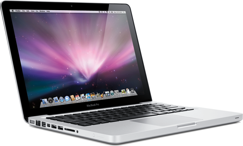 Angled Silver MacBook Air With Purple Desktop Wallpaper Display