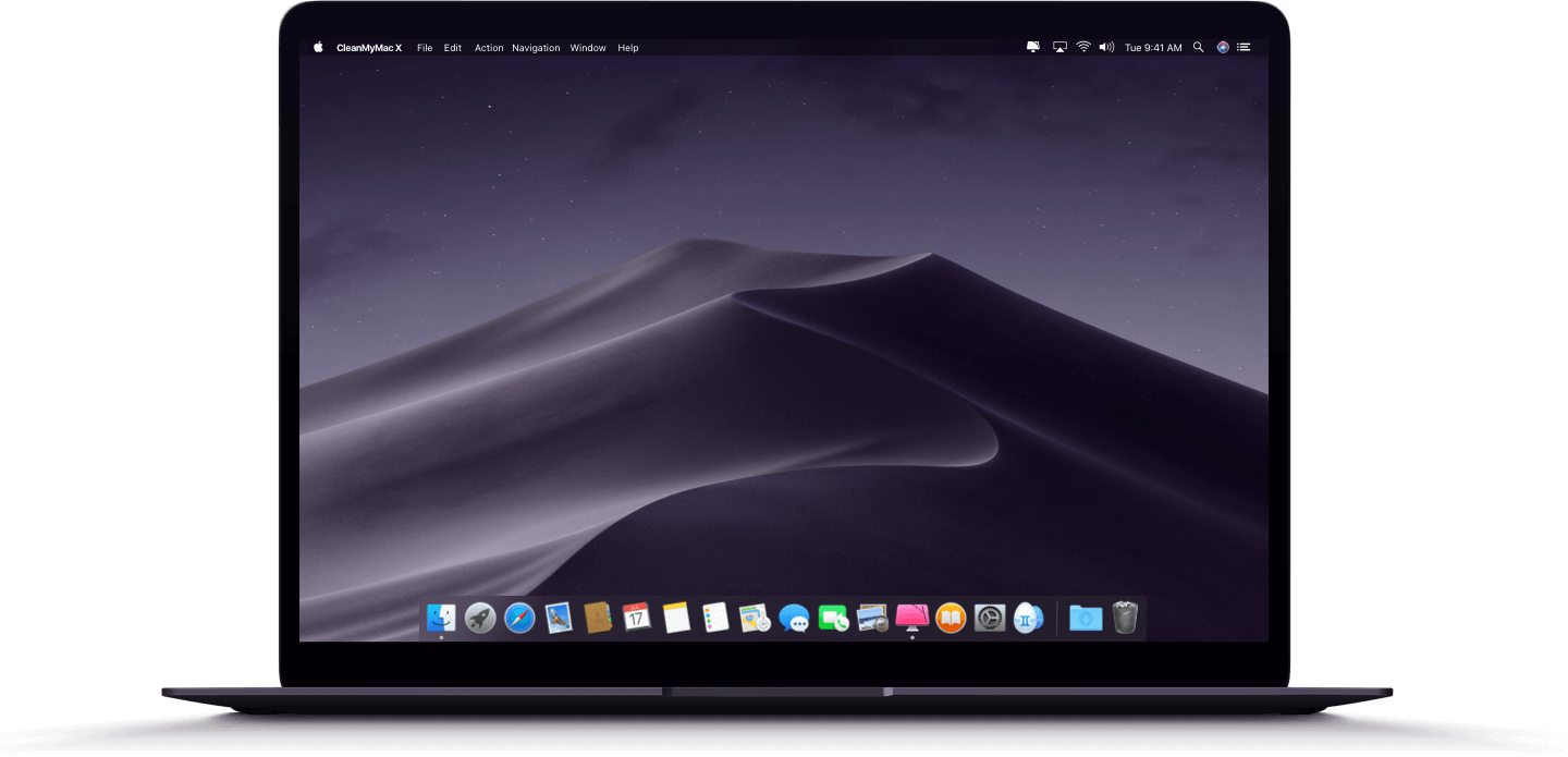 Black MacBook With Dark Night Desktop Wallpaper And Dock