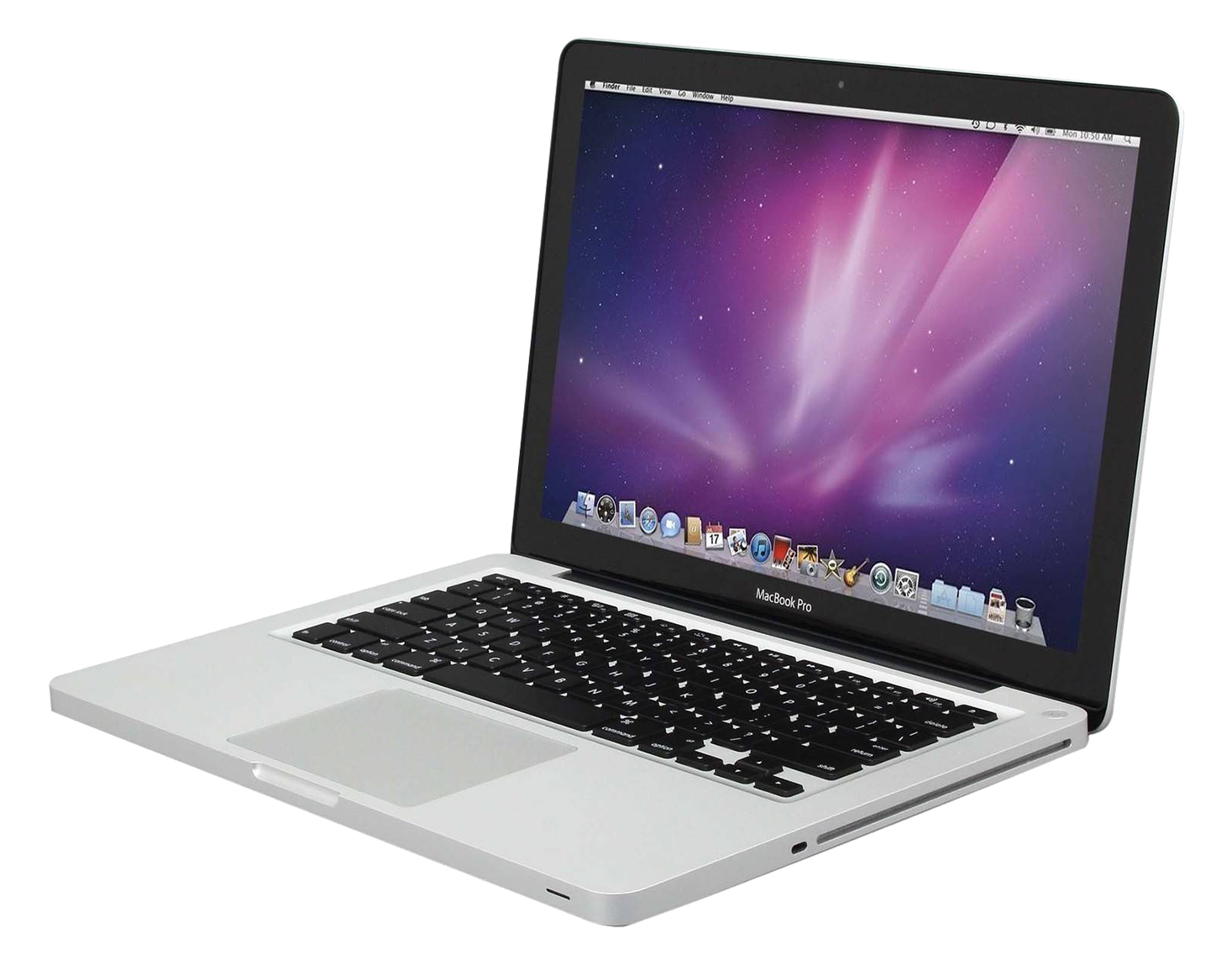Classic Silver MacBook With Purple macOS Screen Open Product Photo