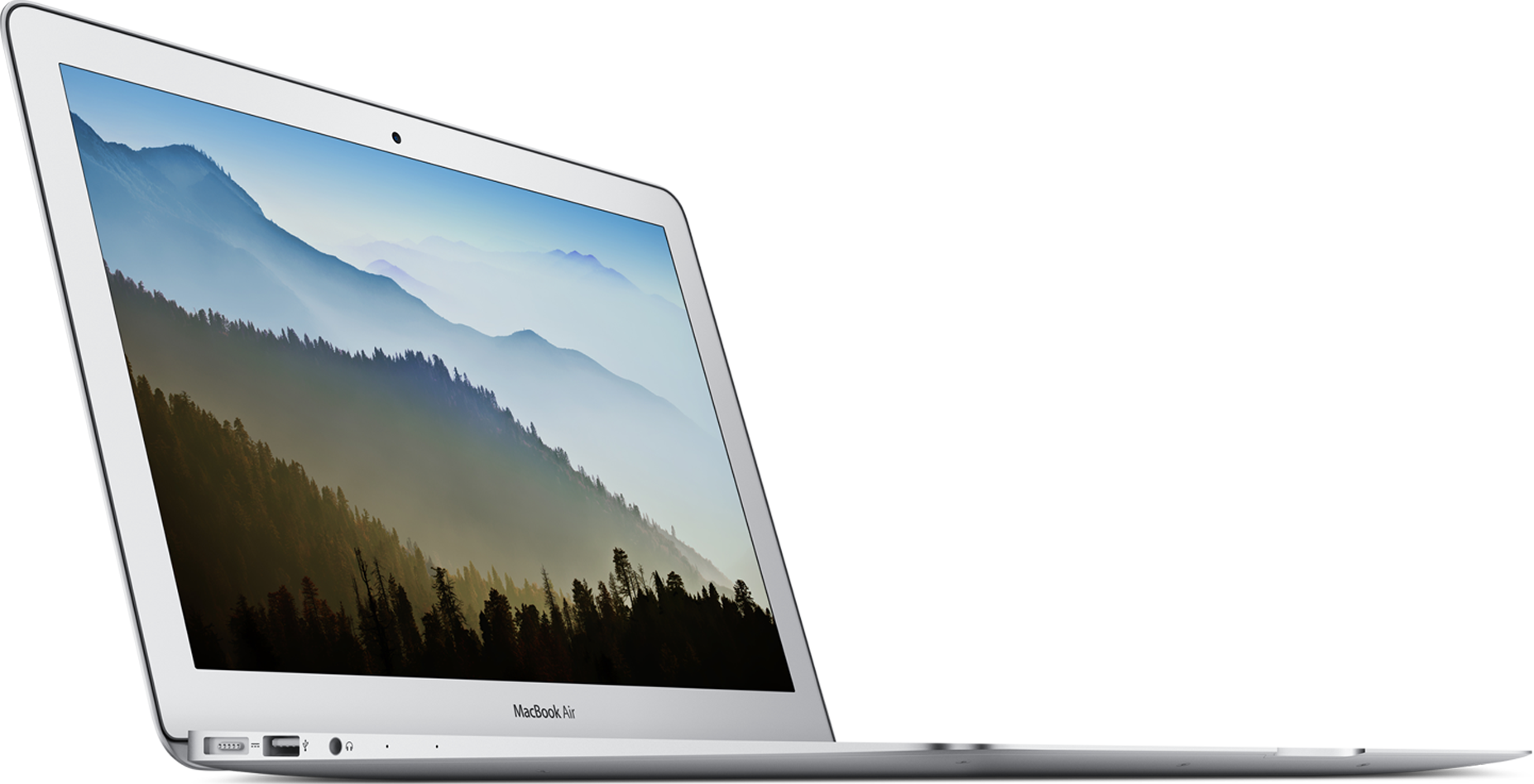 Open MacBook Laptop At Angle With Scenic Mountain Wallpaper