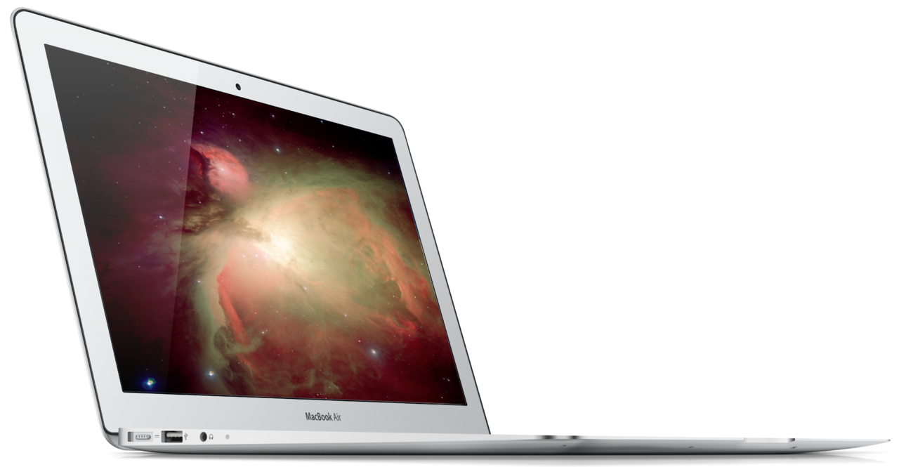 Open MacBook With Red Orange Space Wallpaper Screen At Side Angle