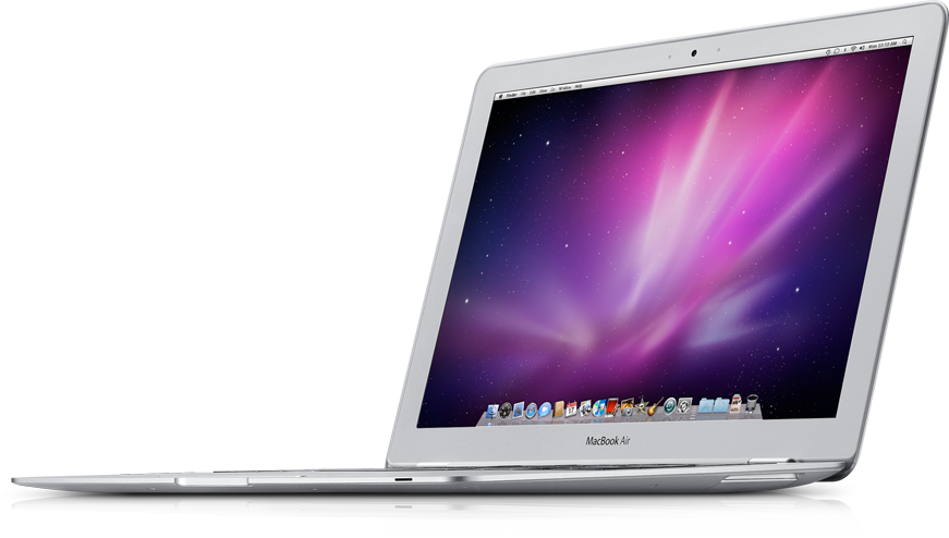 Silver MacBook Air Open At Angle With Purple Pink Desktop Background