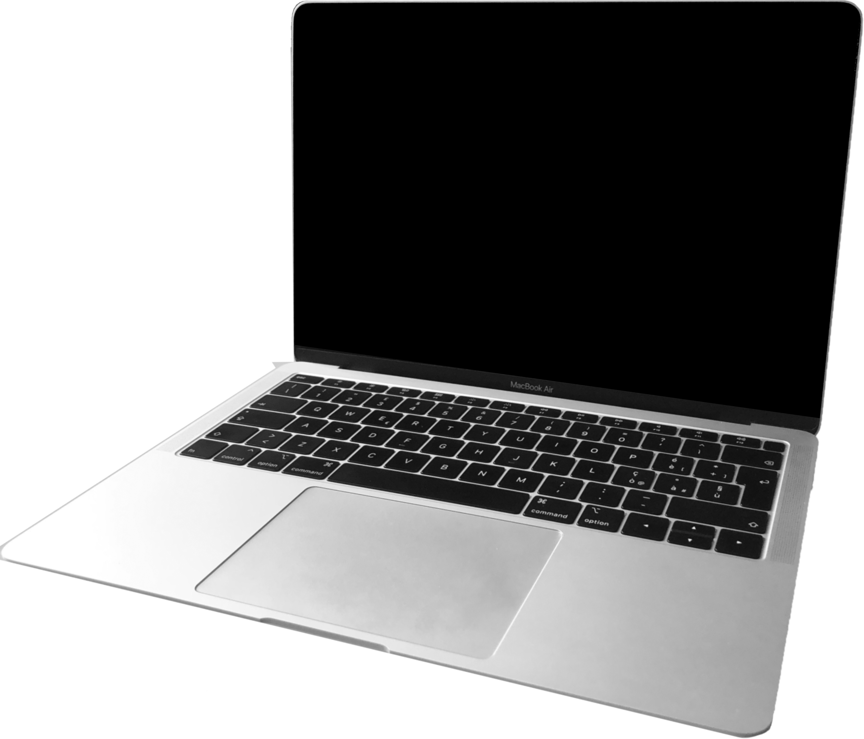 Silver MacBook With Black Screen And Aluminum Keyboard Angled View