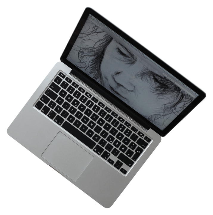 Top Down MacBook Keyboard With Black And White Portrait Wallpaper
