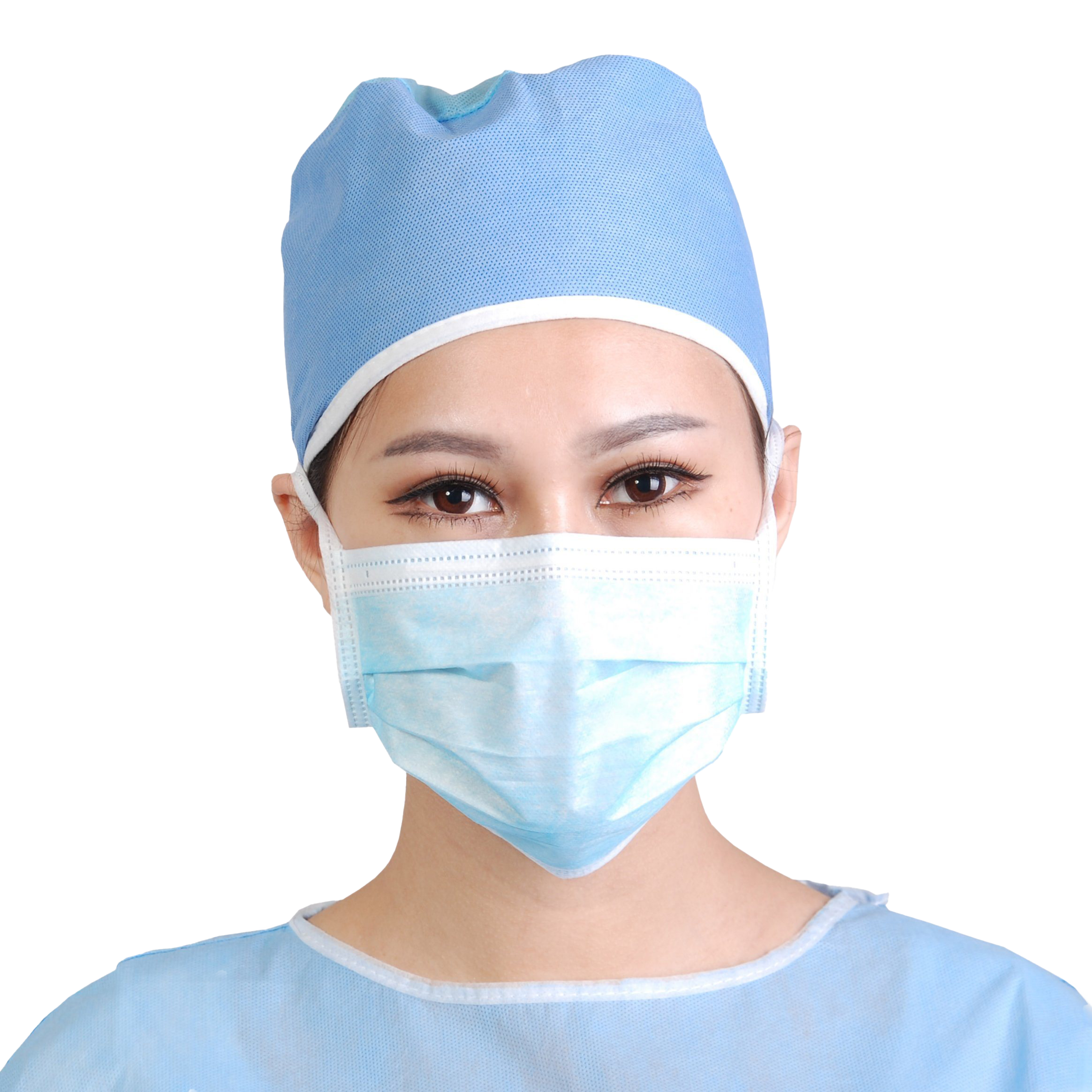 Female Medical Worker In Scrub Cap Wearing Blue Surgical Mask