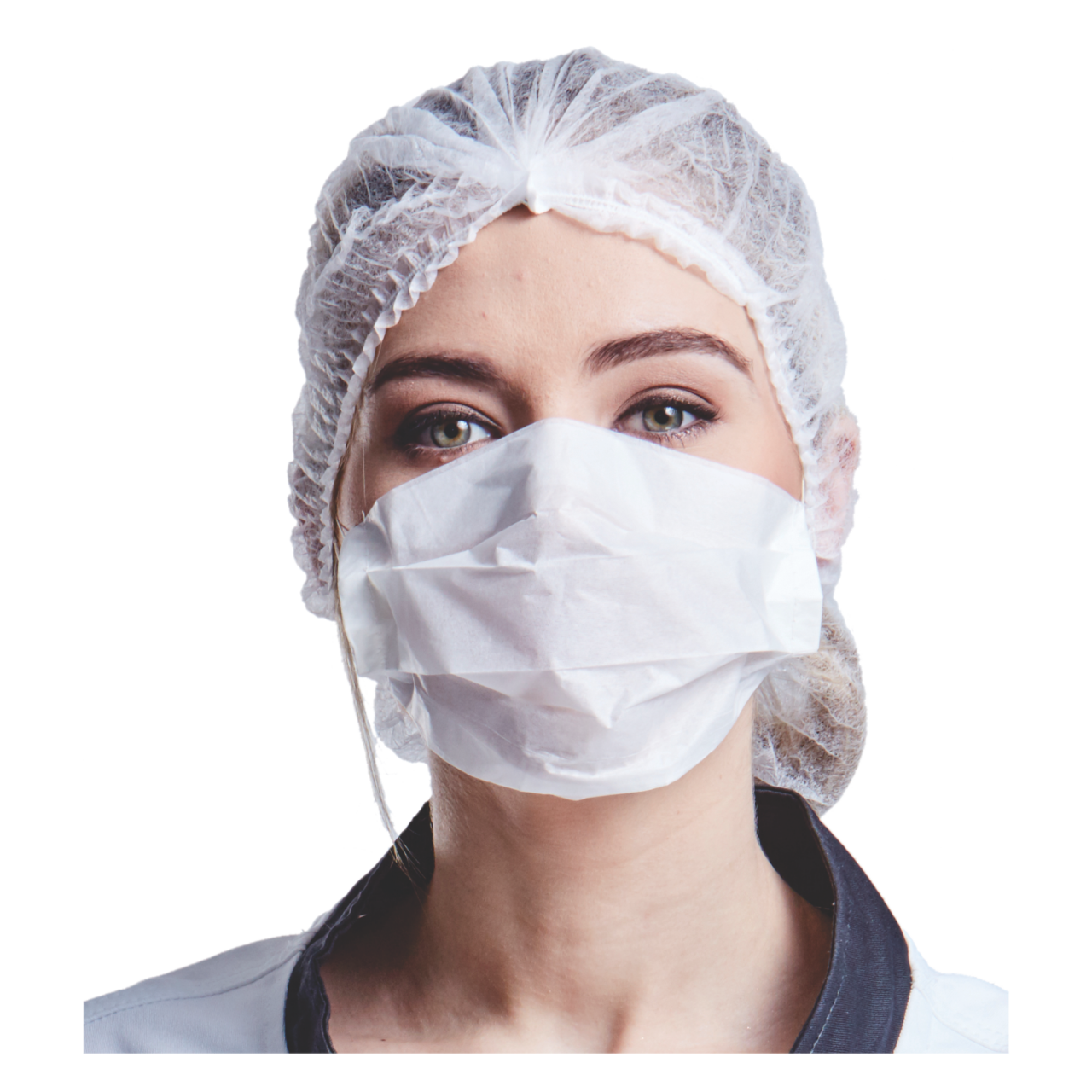 Healthcare Worker Wearing White Surgical Mask And Protective Hair Cap