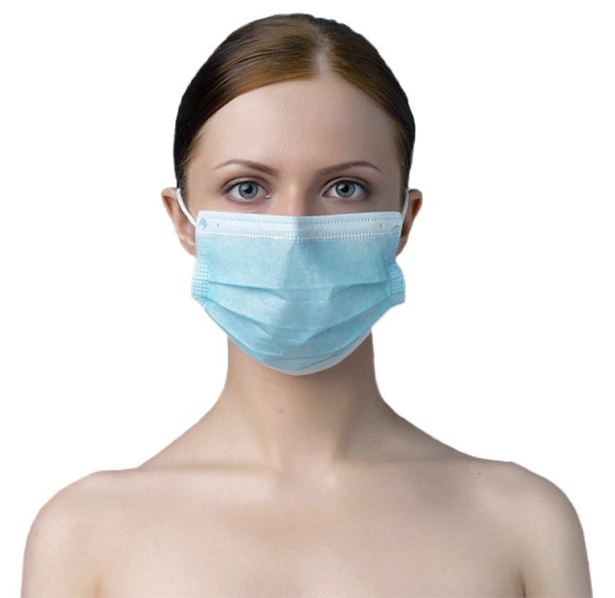 Woman Wearing Blue Surgical Face Mask Front Portrait Photo