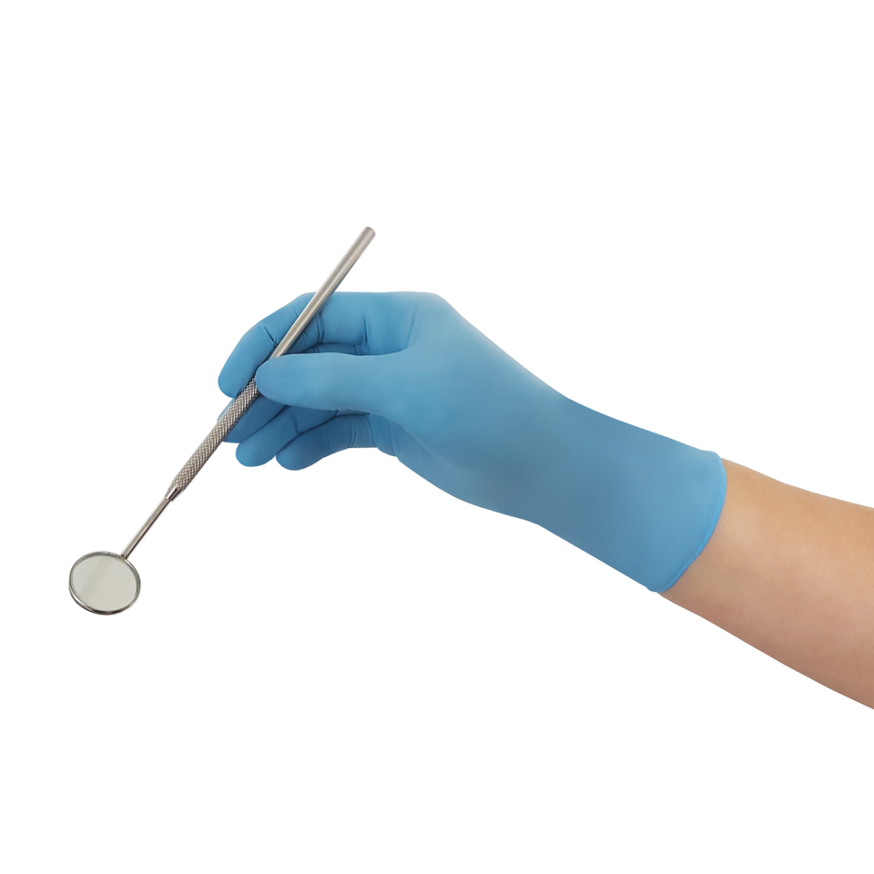Hand Wearing Blue Medical Glove Holding Dental Mirror Instrument Photo