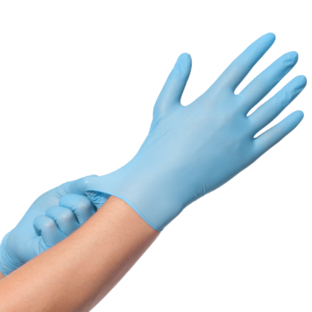 Healthcare Worker Putting On Blue Nitrile Examination Glove Photo