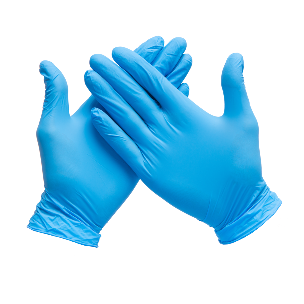 Pair Of Blue Nitrile Medical Gloves Being Put On By Healthcare Worker