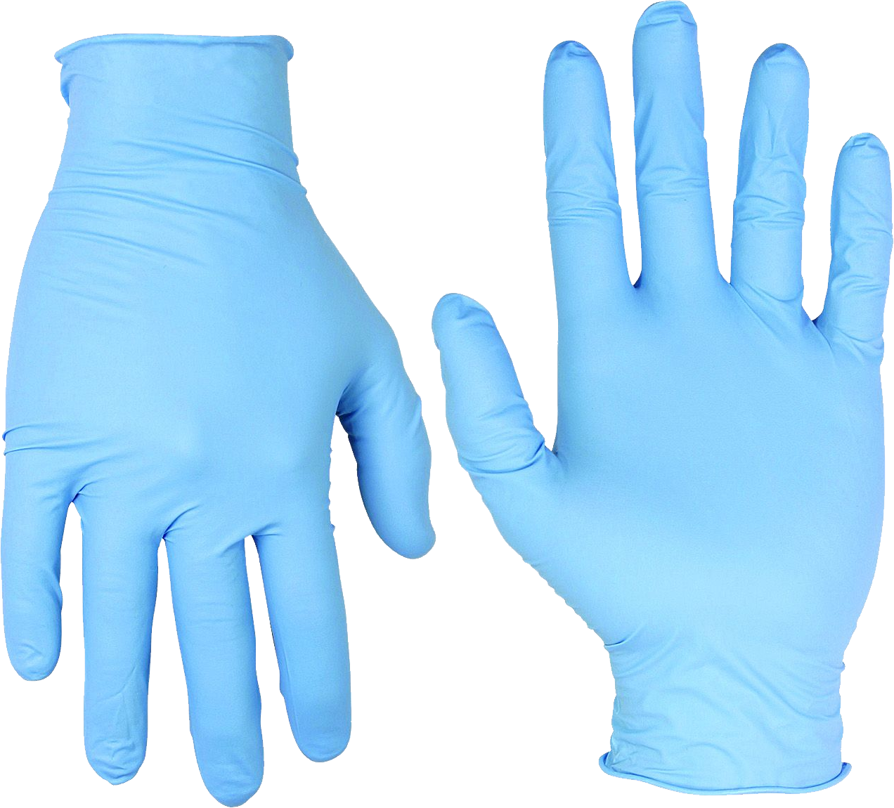 Pair Of Bright Blue Medical Examination Gloves Open Hands PNG Image