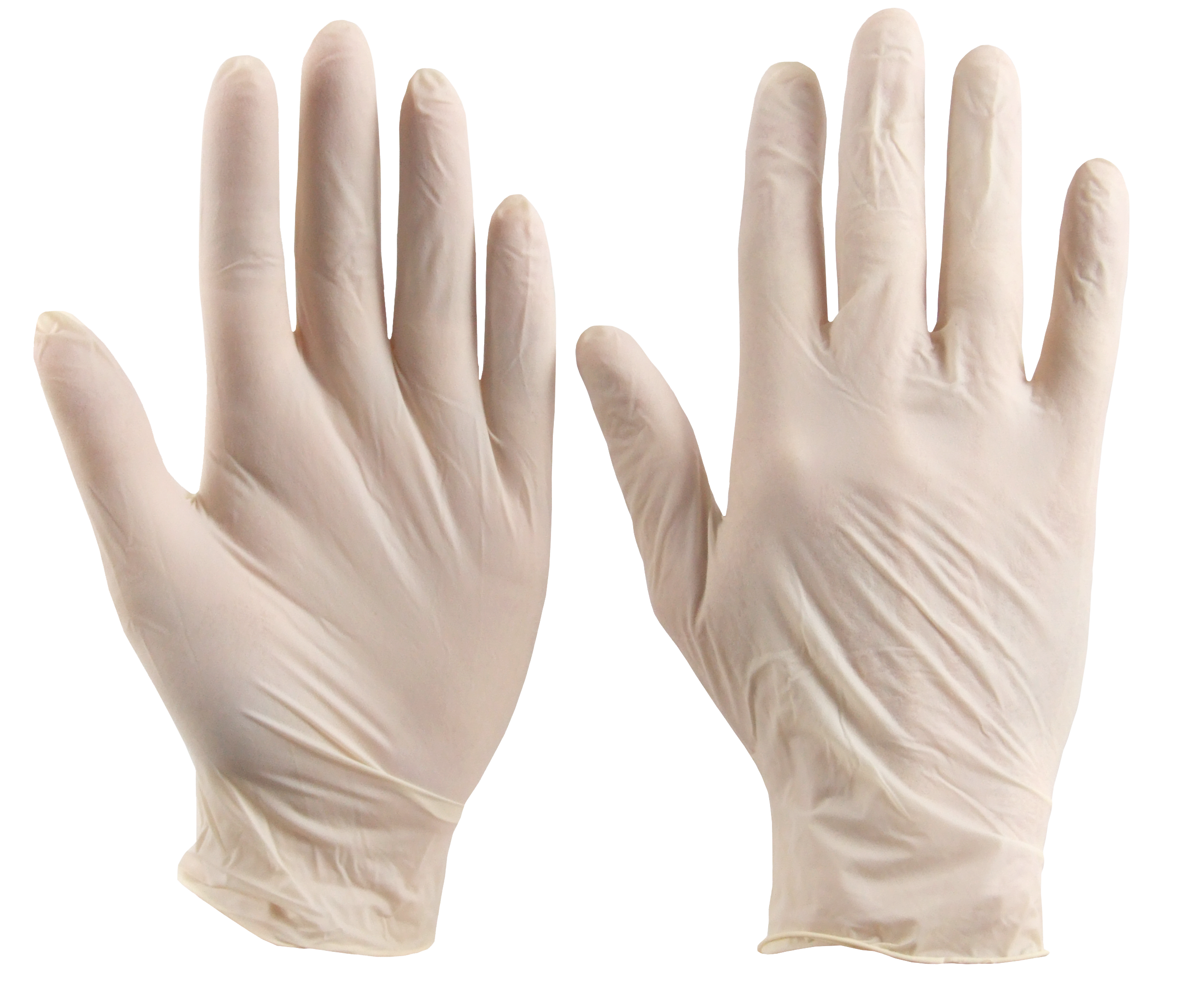 Pair Of Light Beige Disposable Medical Gloves Isolated Product Photo