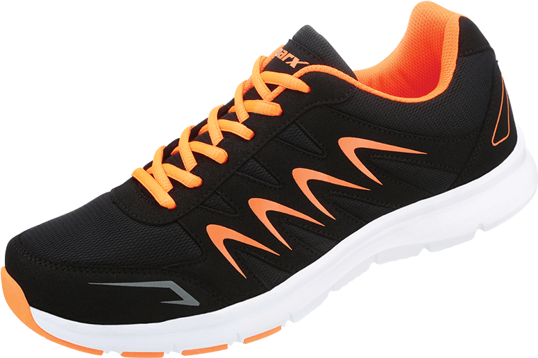 Black And Orange Cushioned Running Shoe Side View Isolated PNG PNG
