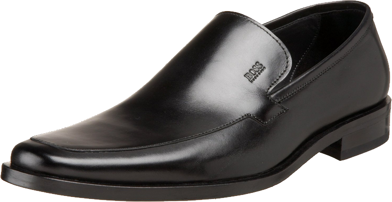 Black Leather Slip On Loafer With Polished Upper And Low Heel PNG