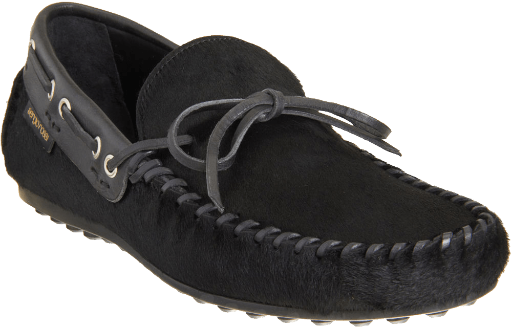 Black Suede Moccasin Loafer With Decorative Lace And Stitched Toe PNG
