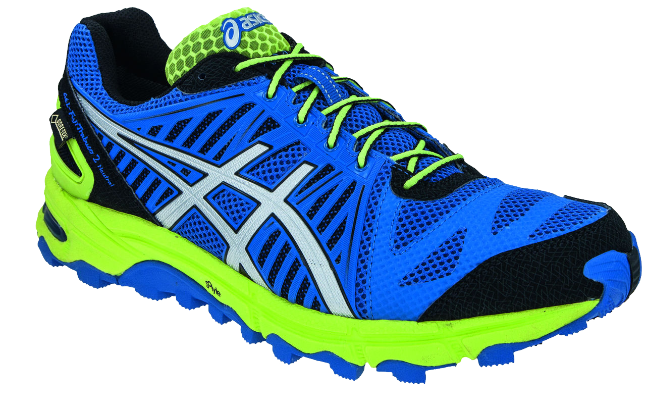 Blue And Neon Green Performance Running Shoes Pair Side View PNG